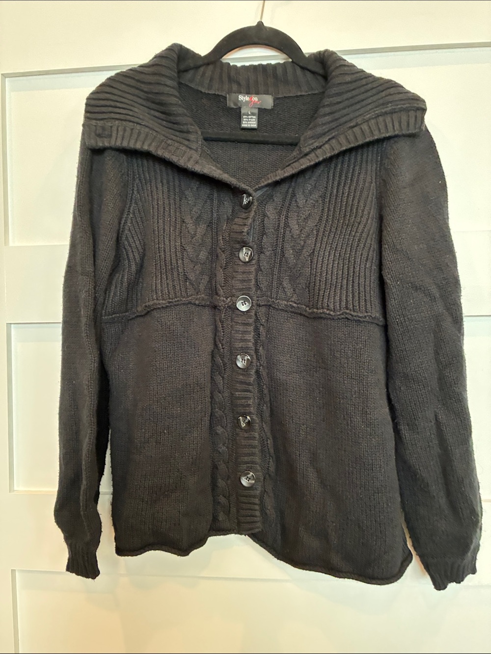 Style & Co. Black Button-Front Cable Cardigan with Shawl Collar